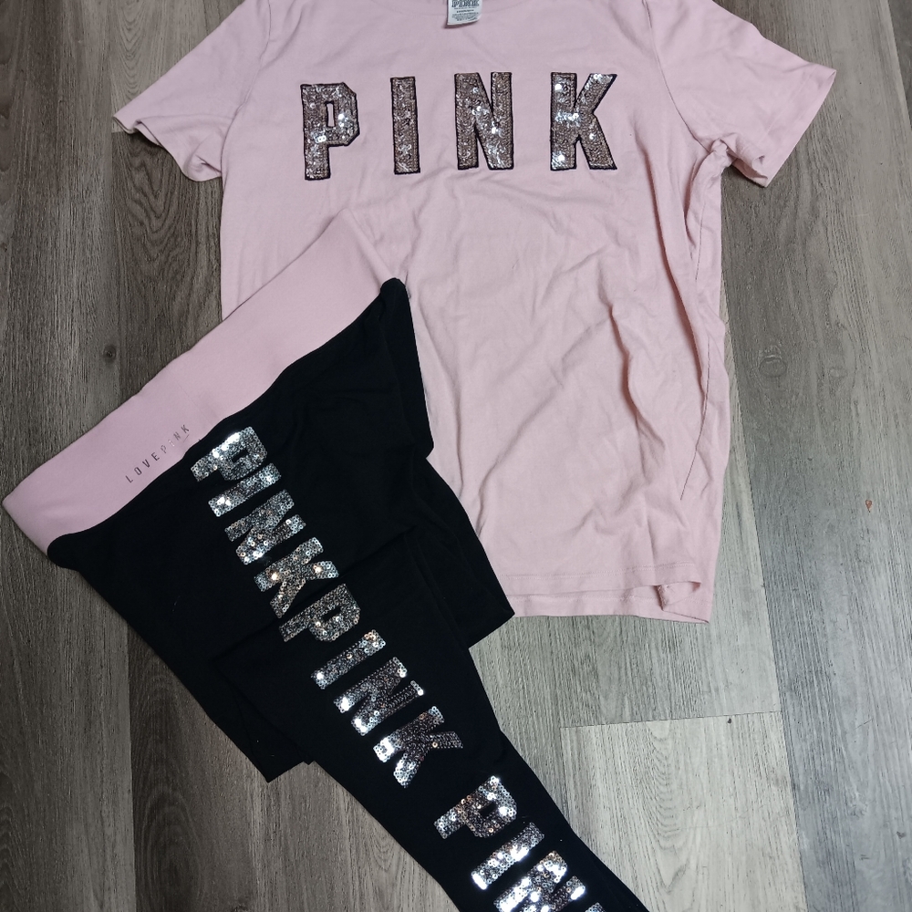 PINK Victoria's Secret Bling/Sequin Tshirt and Leggings Set Large